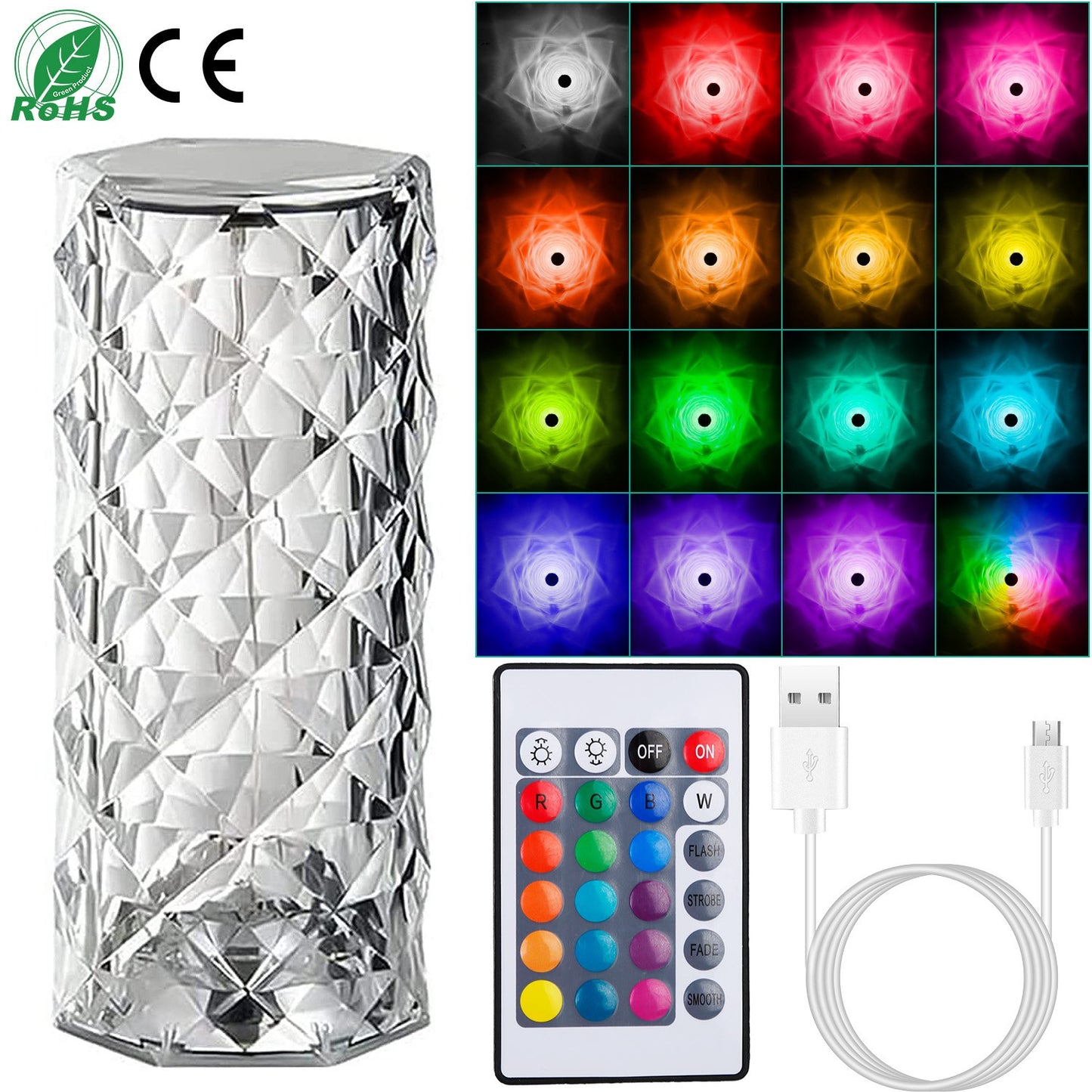 Crystal Diamond Table Lamp, Dimmable, Touch Control, USB Rechargeable LED Night Light 16 Color Changing Decoration Lamp