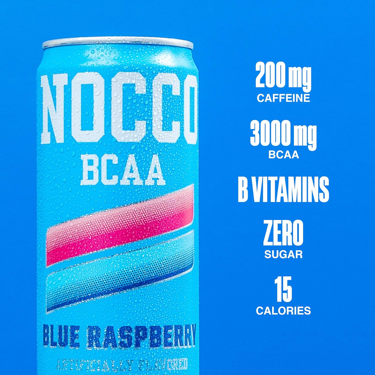 NOCCO BCAA Blue Raspberry Zero Sugar Energy Drink - 180mg Caffeine - 12 fl oz pack of 12