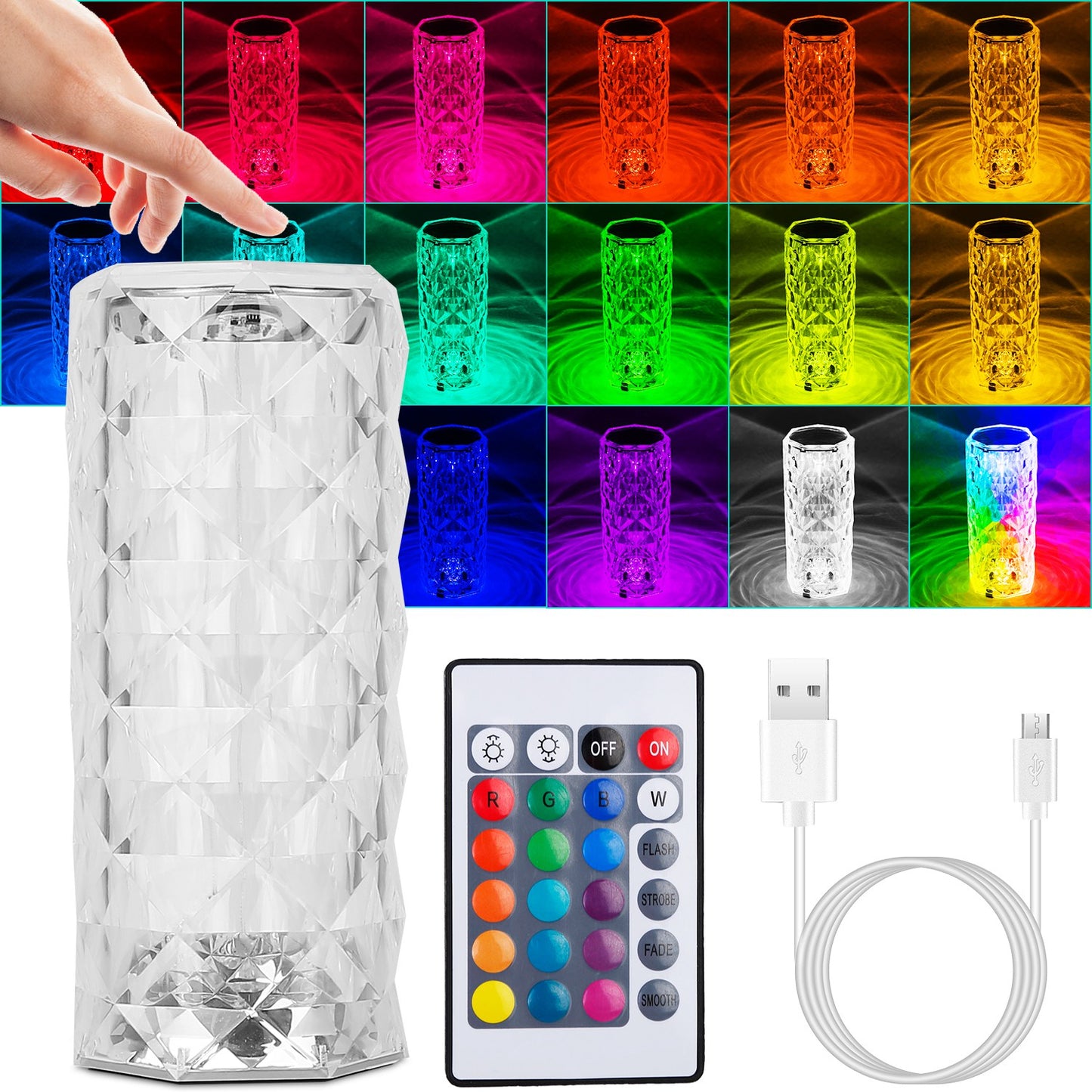Crystal Diamond Table Lamp, Dimmable, Touch Control, USB Rechargeable LED Night Light 16 Color Changing Decoration Lamp