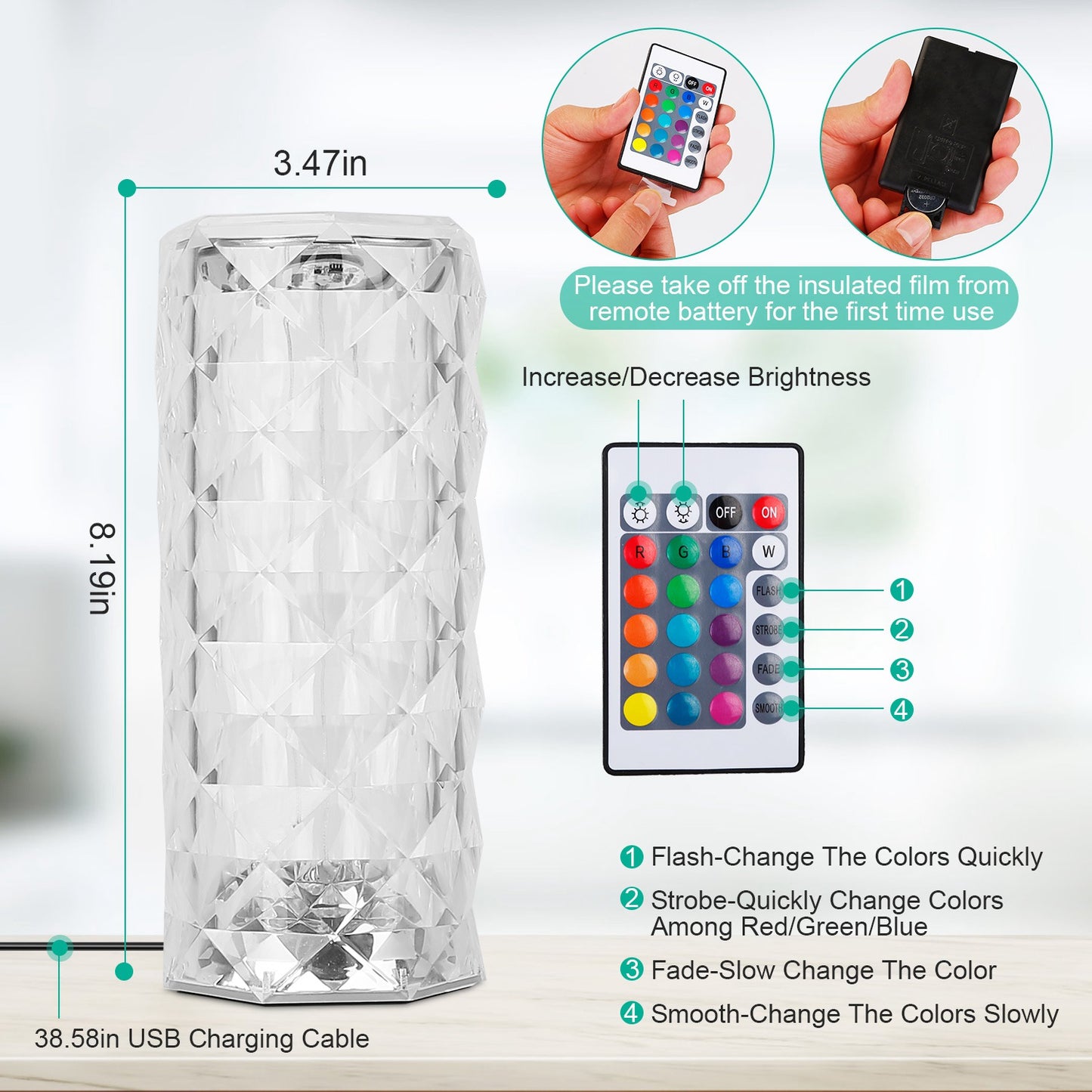 Crystal Diamond Table Lamp, Dimmable, Touch Control, USB Rechargeable LED Night Light 16 Color Changing Decoration Lamp