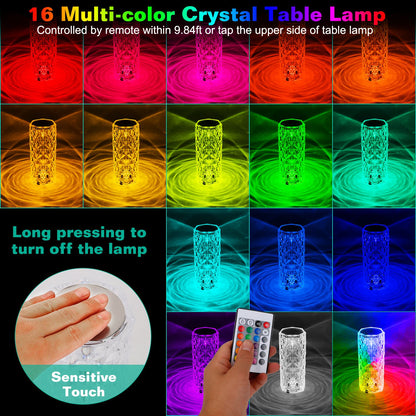 Crystal Diamond Table Lamp, Dimmable, Touch Control, USB Rechargeable LED Night Light 16 Color Changing Decoration Lamp