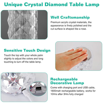 Crystal Diamond Table Lamp, Dimmable, Touch Control, USB Rechargeable LED Night Light 16 Color Changing Decoration Lamp