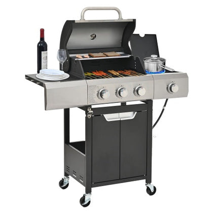 Stainless Steel Gas Grill With Side Burner And Cover For Outdoor BBQ, Camping