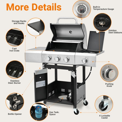 Stainless Steel Gas Grill With Side Burner And Cover For Outdoor BBQ, Camping
