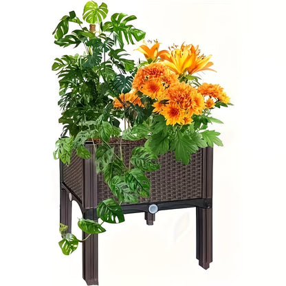 2pcs Brown Raised Garden Planter with Legs, Traditional Black Woven Plastic Container, Perfect for Outdoor Gardening - Great for Growing Flowers, Vegetables, And Herbs