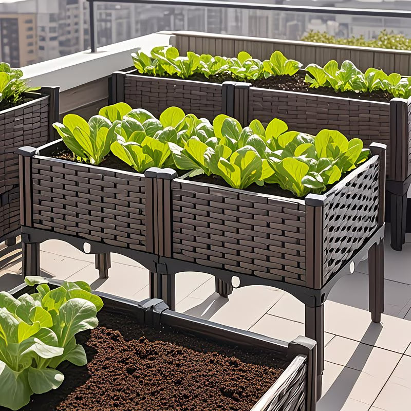 2pcs Brown Raised Garden Planter with Legs, Traditional Black Woven Plastic Container, Perfect for Outdoor Gardening - Great for Growing Flowers, Vegetables, And Herbs