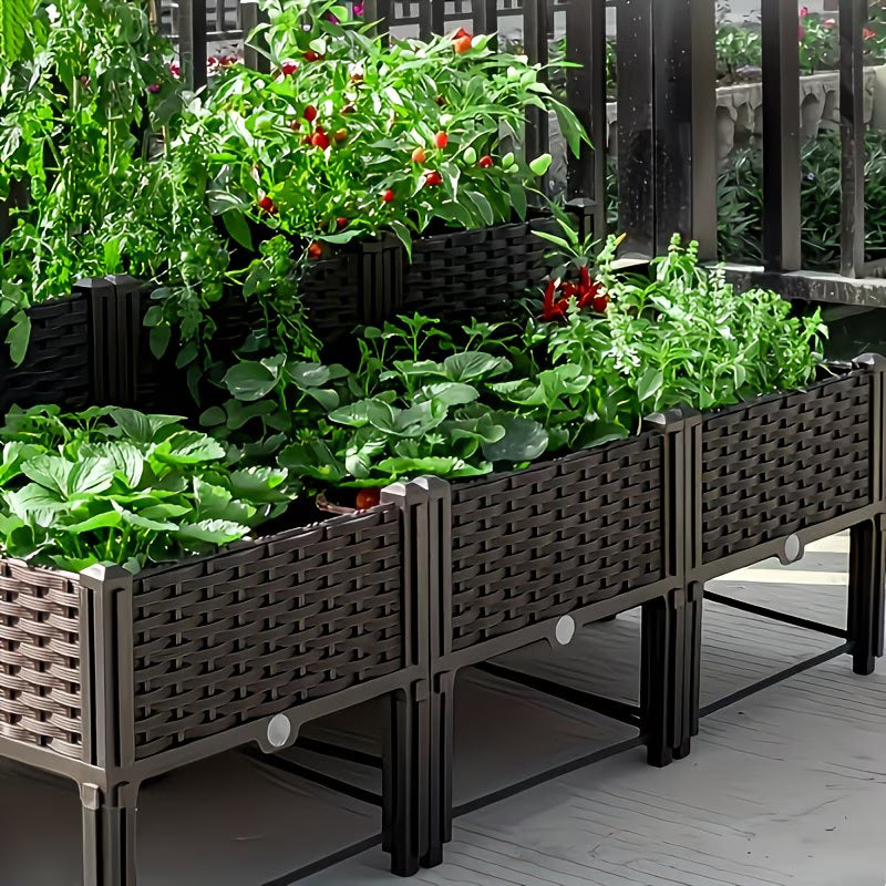 2pcs Brown Raised Garden Planter with Legs, Traditional Black Woven Plastic Container, Perfect for Outdoor Gardening - Great for Growing Flowers, Vegetables, And Herbs