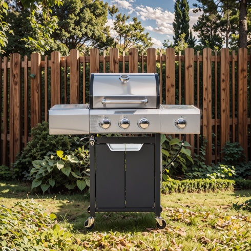 Stainless Steel Gas Grill With Side Burner And Cover For Outdoor BBQ, Camping
