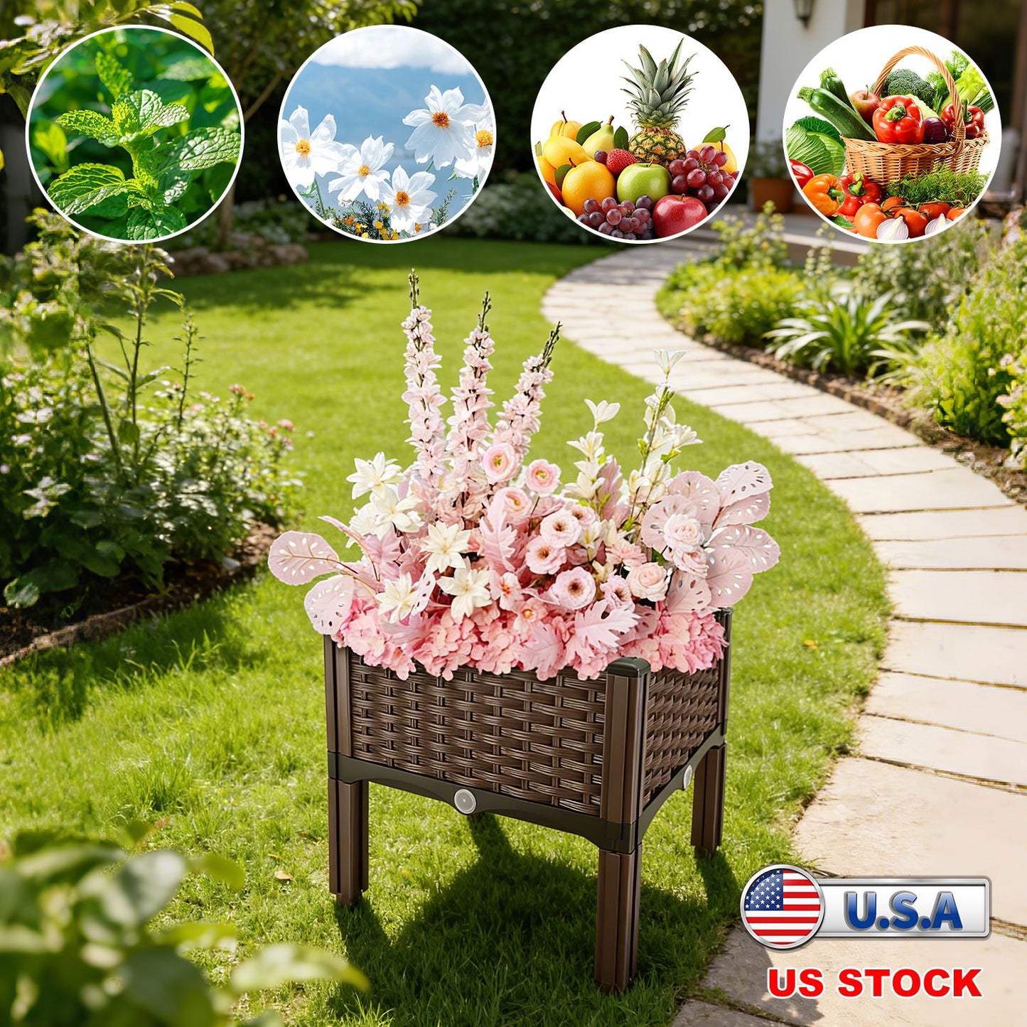 2pcs Brown Raised Garden Planter with Legs, Traditional Black Woven Plastic Container, Perfect for Outdoor Gardening - Great for Growing Flowers, Vegetables, And Herbs
