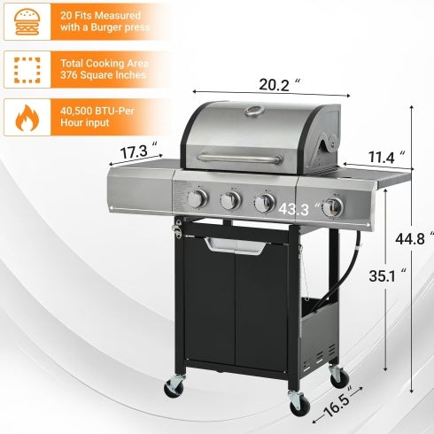 Stainless Steel Gas Grill With Side Burner And Cover For Outdoor BBQ, Camping