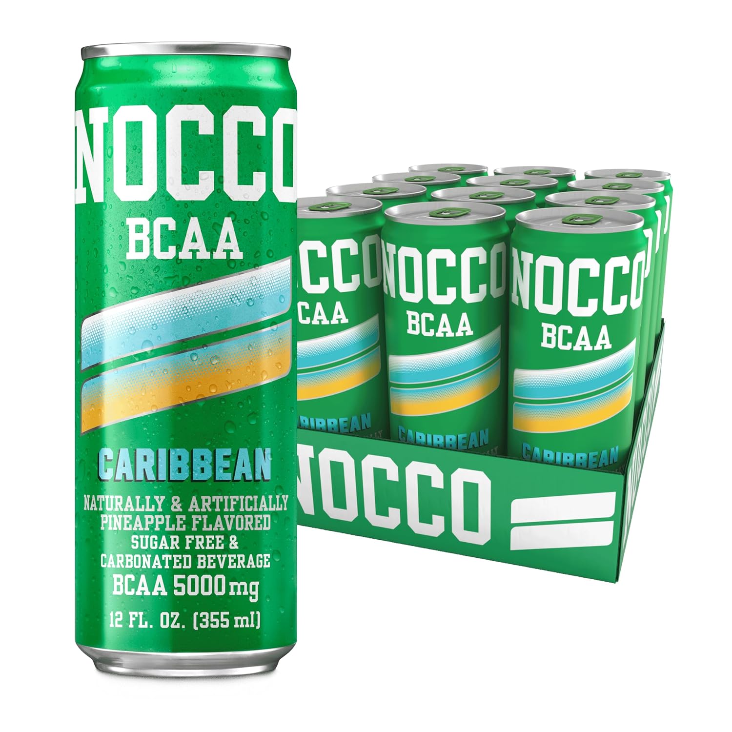 NOCCO BCAA Caribbean Drink 12 Fl Oz, Pack of 12 - BCAA 5000mg Caffeine & Sugar Free