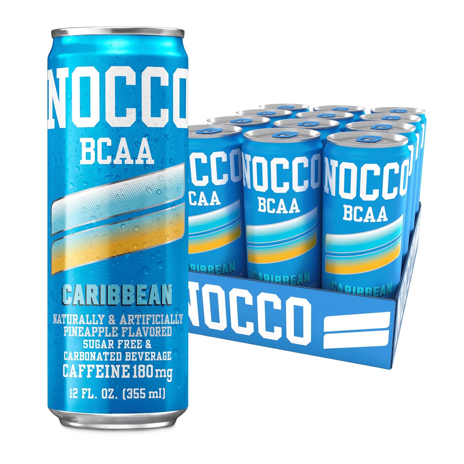 NOCCO BCAA Caribbean Pineapple Zero Sugar Energy Drink - 180mg Caffeine - 12 fl oz pack of 12