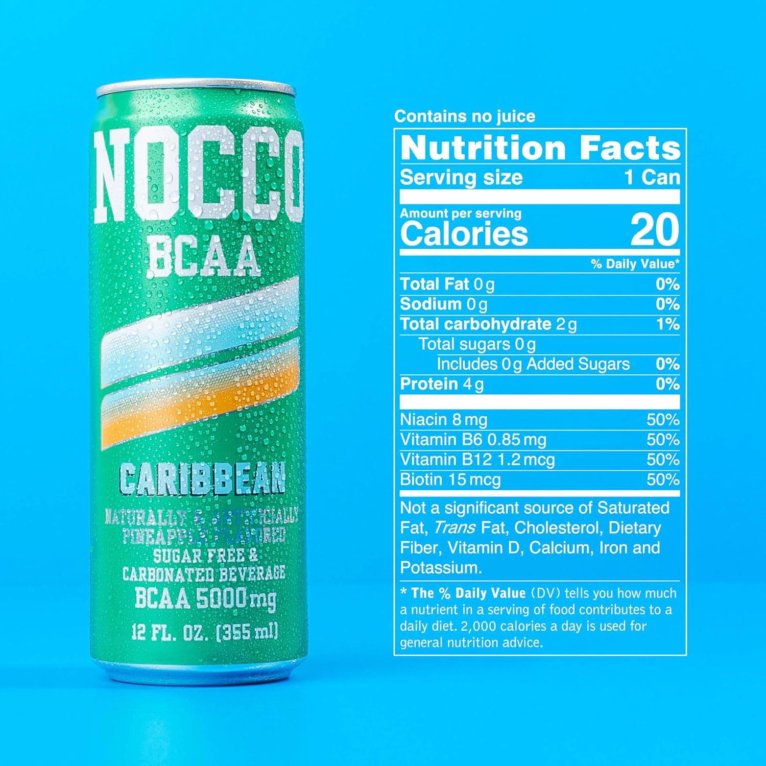 NOCCO BCAA Caribbean Drink 12 Fl Oz, Pack of 12 - BCAA 5000mg Caffeine & Sugar Free