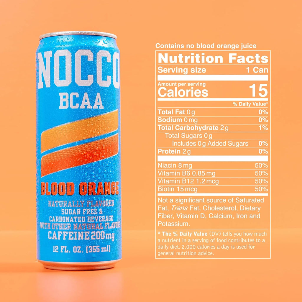 NOCCO BCAA Blood Orange Zero Sugar Energy Drink - 180mg Caffeine - 12 fl oz pack of 12