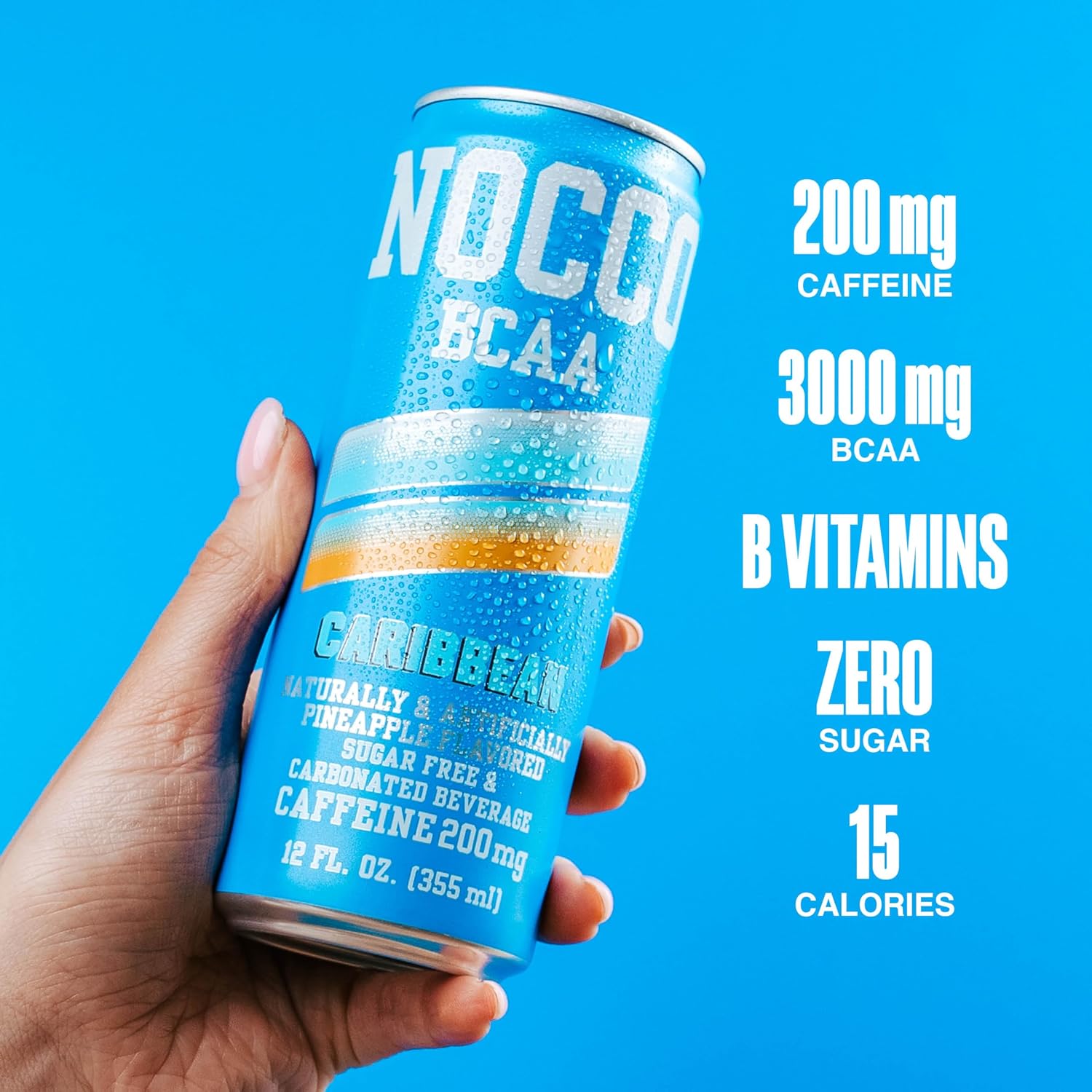 NOCCO BCAA Caribbean Pineapple Zero Sugar Energy Drink - 180mg Caffeine - 12 fl oz pack of 12