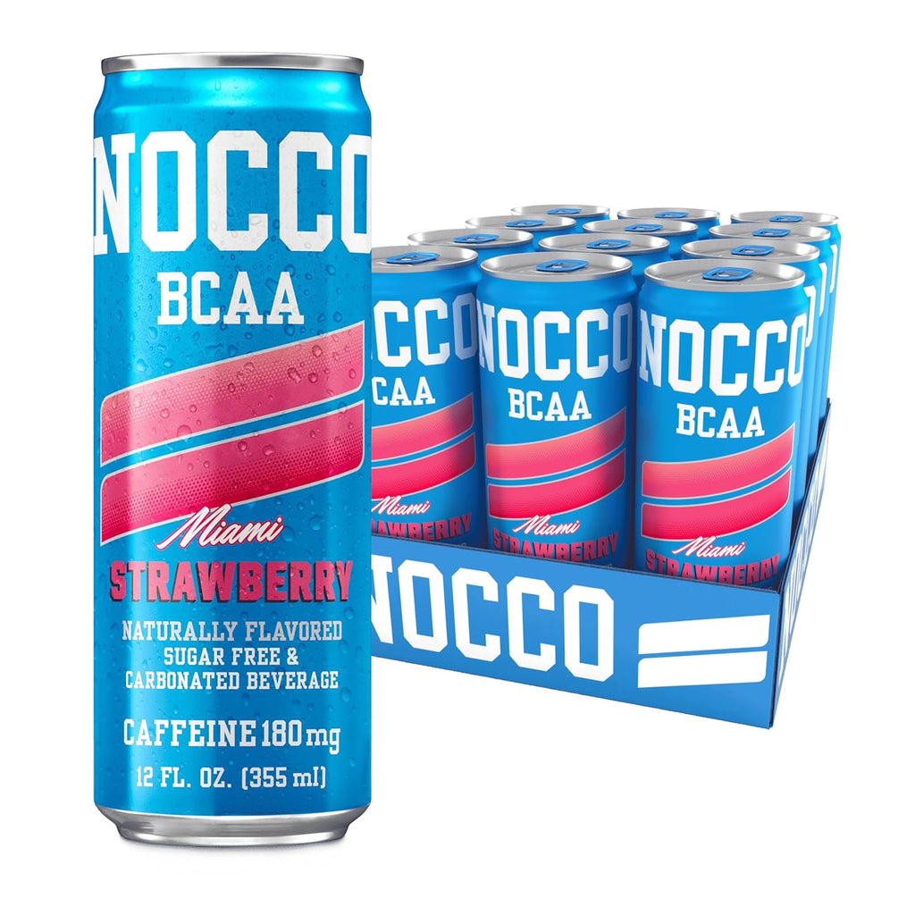 NOCCO BCAA Miami Strawberry Zero Sugar Energy Drink - 180mg Caffeine - 12 fl oz pack of 12