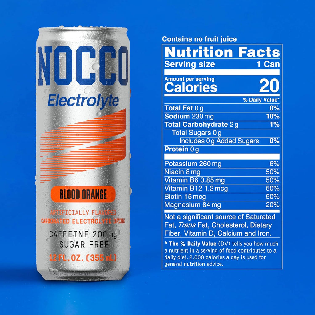 NOCCO Electrolyte Drink - Blood Orange -   12 Fl Oz (Pack of 12) - 200mg of Caffeine