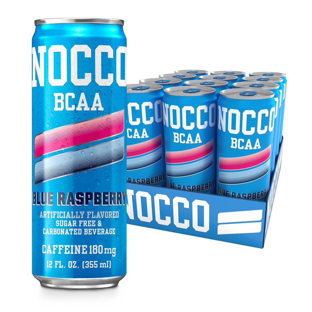 NOCCO BCAA Blue Raspberry Zero Sugar Energy Drink - 180mg Caffeine - 12 fl oz pack of 12