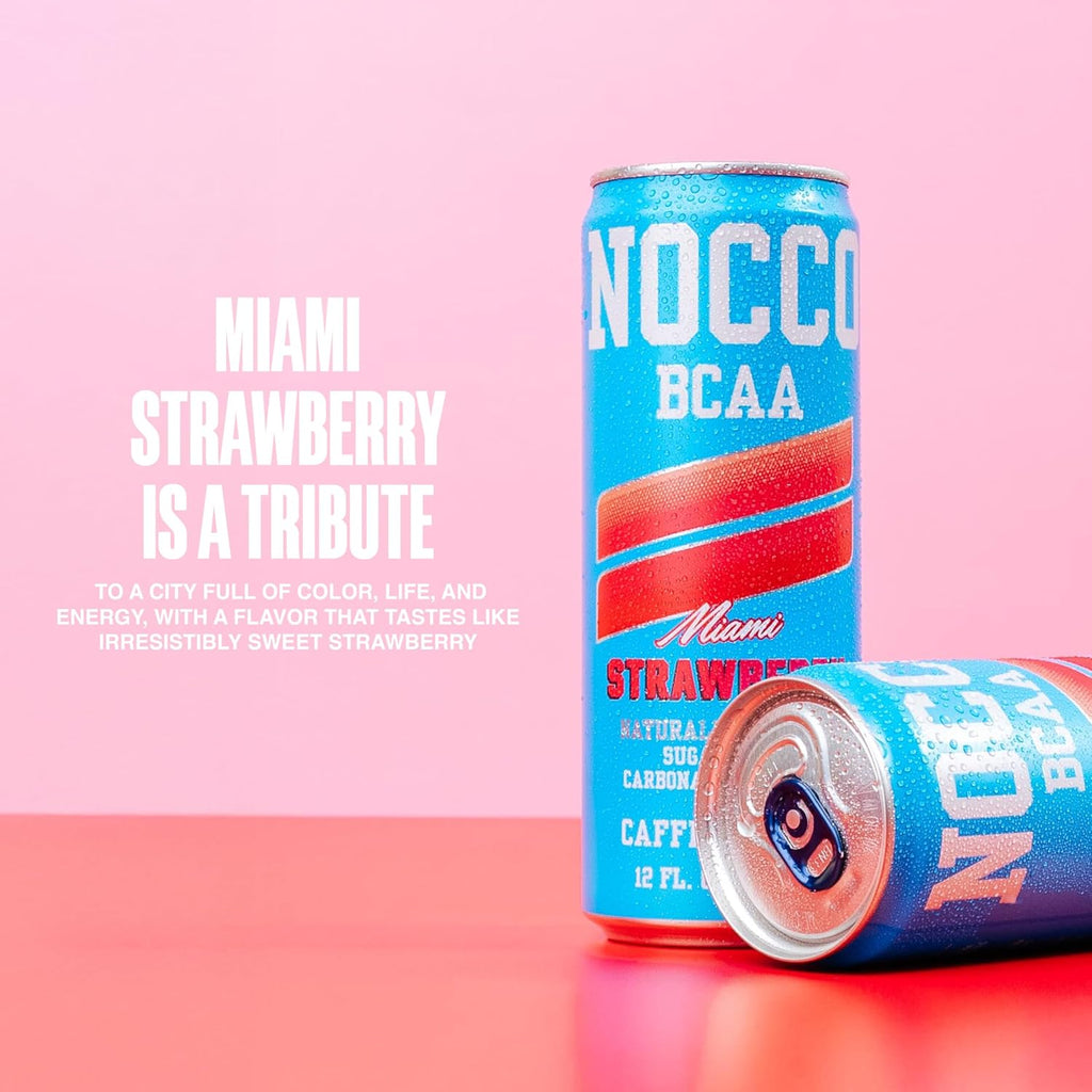 NOCCO BCAA Miami Strawberry Zero Sugar Energy Drink - 180mg Caffeine - 12 fl oz pack of 12