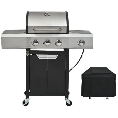 Stainless Steel Gas Grill With Side Burner And Cover For Outdoor BBQ, Camping