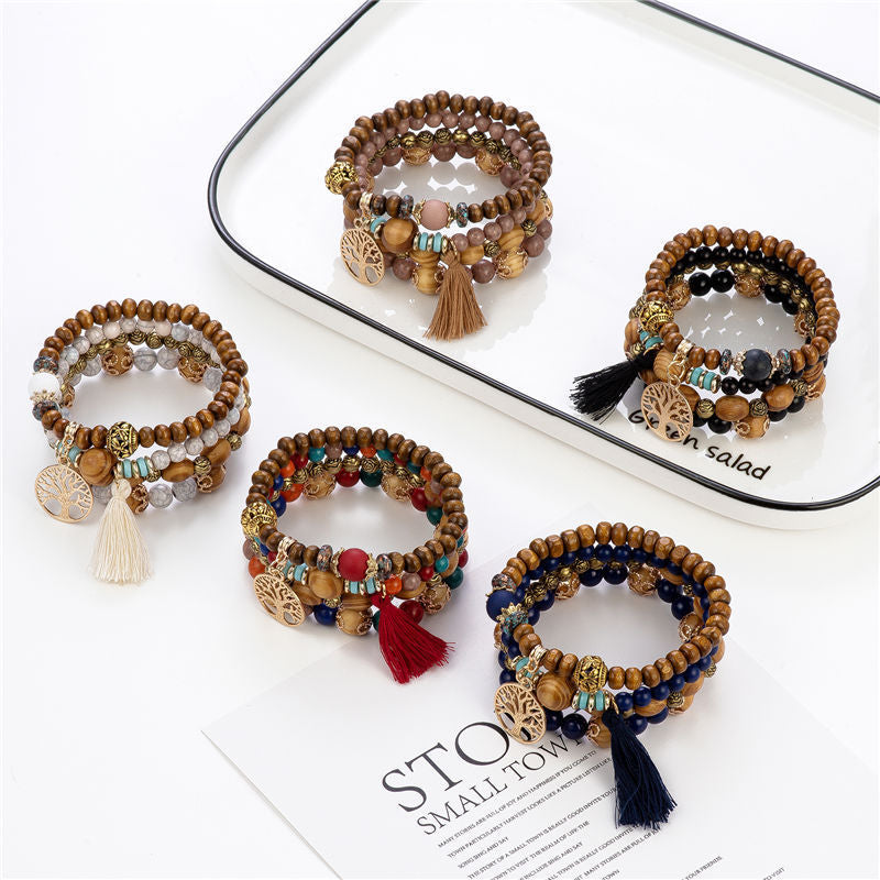 Boho Multilayer Stretch Bracelet with Tree of Life Pendant