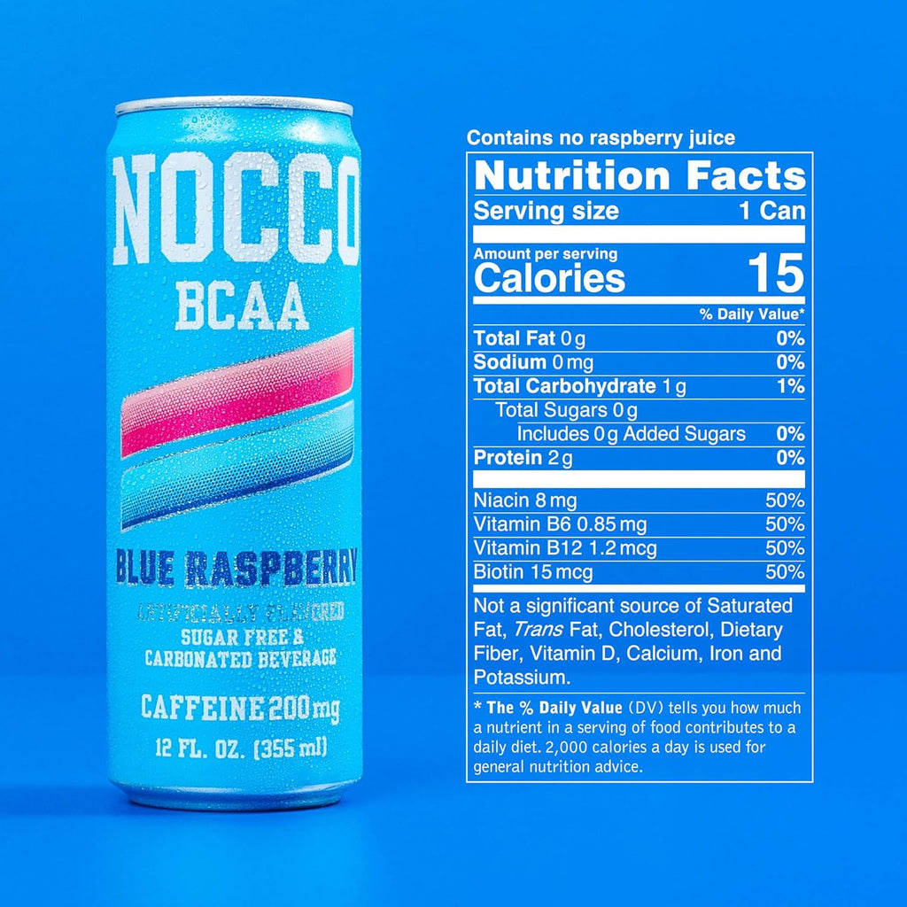 NOCCO BCAA Blue Raspberry Zero Sugar Energy Drink - 180mg Caffeine - 12 fl oz pack of 12