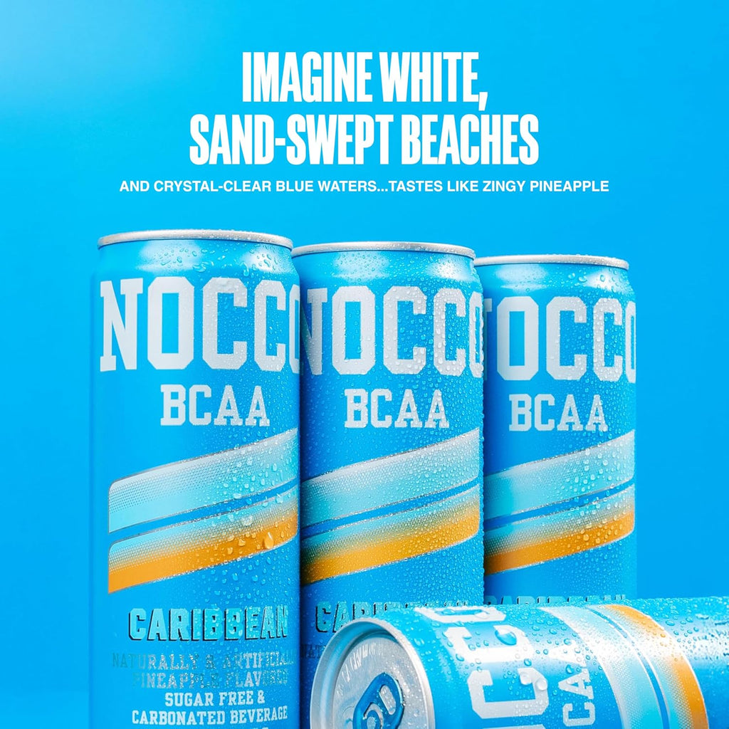 NOCCO BCAA Caribbean Pineapple Zero Sugar Energy Drink - 180mg Caffeine - 12 fl oz pack of 12