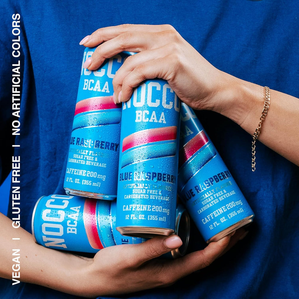 NOCCO BCAA Blue Raspberry Zero Sugar Energy Drink - 180mg Caffeine - 12 fl oz pack of 12