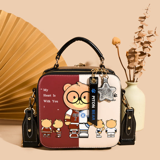 Printed Cartoon Teddy Bear Hand-Held Small Square Bag