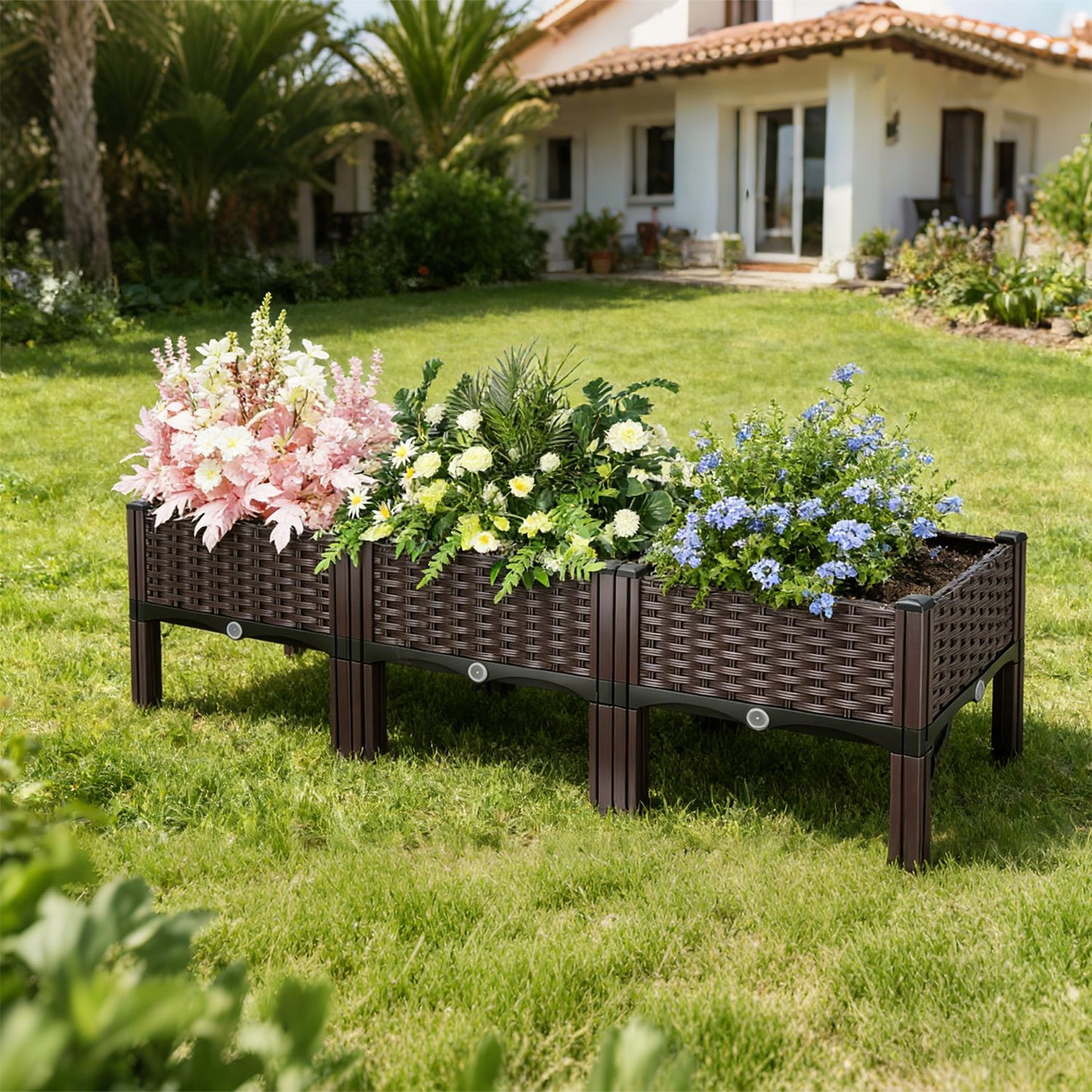 2pcs Brown Raised Garden Planter with Legs, Traditional Black Woven Plastic Container, Perfect for Outdoor Gardening - Great for Growing Flowers, Vegetables, And Herbs