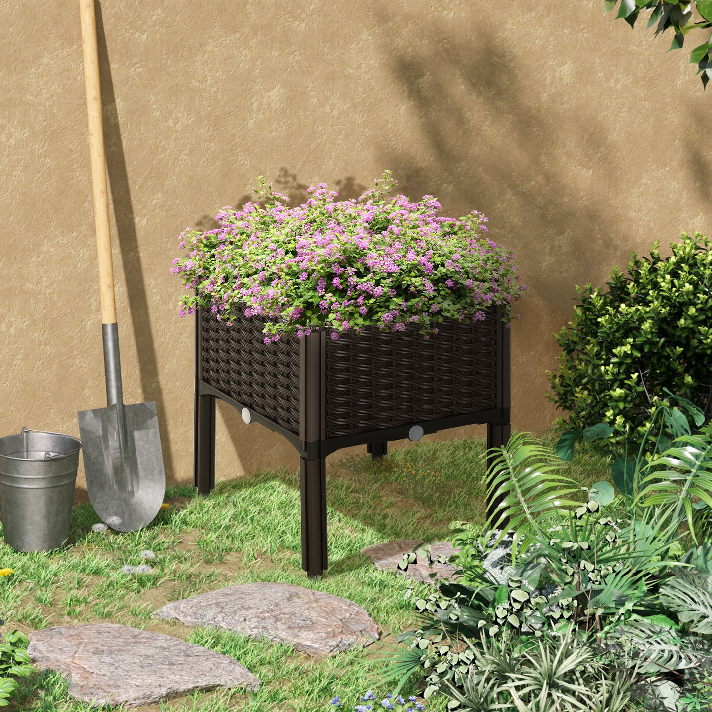 2pcs Brown Raised Garden Planter with Legs, Traditional Black Woven Plastic Container, Perfect for Outdoor Gardening - Great for Growing Flowers, Vegetables, And Herbs
