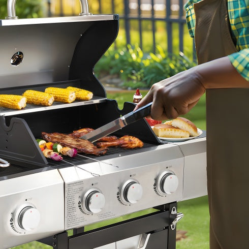 Stainless Steel Gas Grill With Side Burner And Cover For Outdoor BBQ, Camping