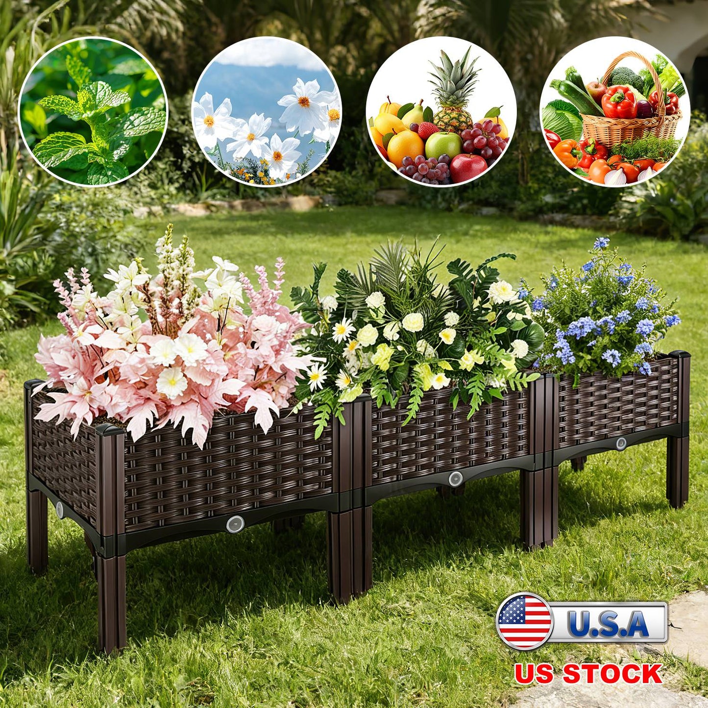 2pcs Brown Raised Garden Planter with Legs, Traditional Black Woven Plastic Container, Perfect for Outdoor Gardening - Great for Growing Flowers, Vegetables, And Herbs